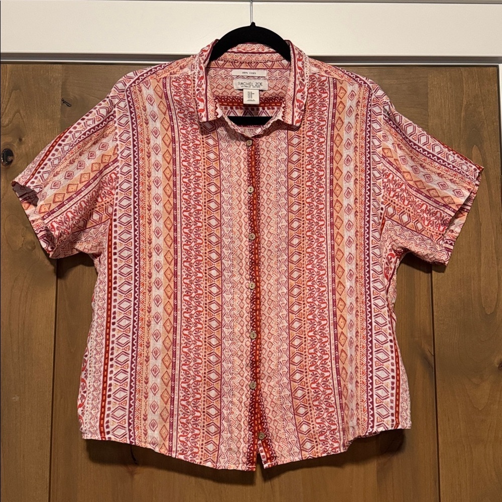 Rachel Zoe Linen Geometric Aztec Southwest Boho Crop Button Down Blouse Womens M